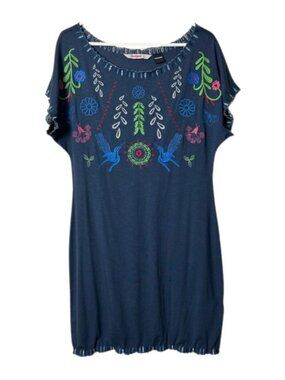 Desigual blue folk art embroidered short sleeve jersey knit dress L